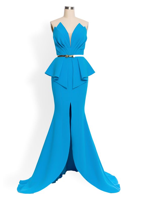 Sky blue strapless pointed plunge neckline fishtail gown with high slit and peplum