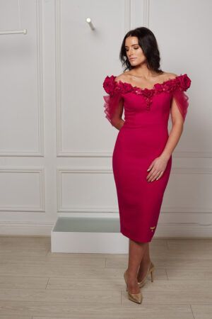 Cerise pink pencil dress with dramatic flower detail and mesh drape sleeve effect