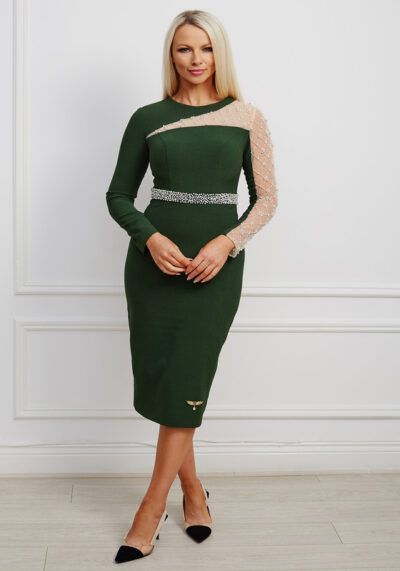 Green pencil dress with mesh pearl-embellished sleeve and matching embellished waistband