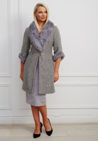 Phoenix_V Fiona Coat - Grey tweed straight-fitting coat with grey fur collar and cuffs