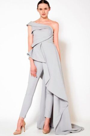 Silver grey one-shoulder jumpsuit gown with asymmetric design