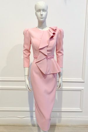 Pale pink ruffle half-peplum pencil dress with pink pearl waistband and small puff shoulder