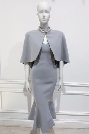 Grey fishtail dress and matching cape with pearls