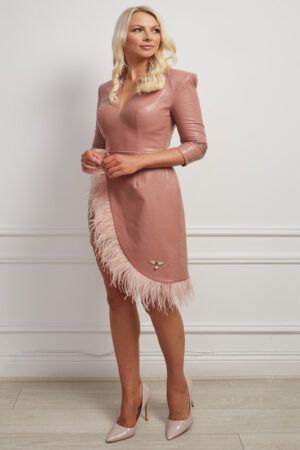 Nude leatherette dress with shoulder pad, v neck and asymmetric feather hem