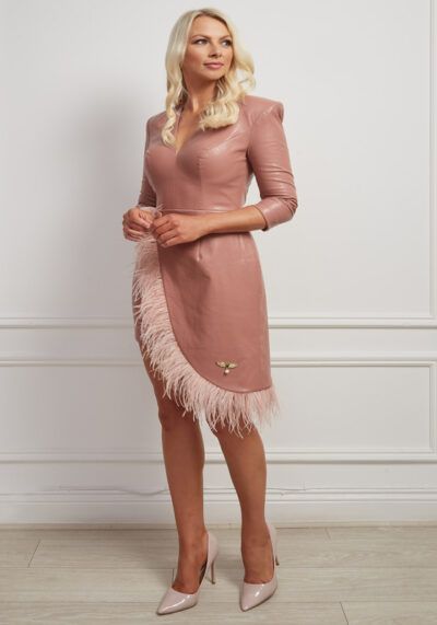 Nude leatherette dress with shoulder pad, v neck and asymmetric feather hem