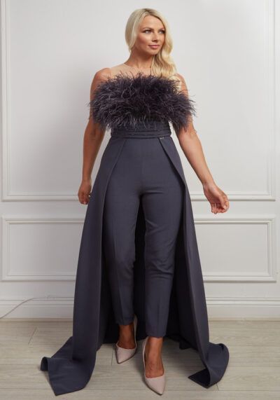 Charcoal sleeveless jumpsuit gown with beaded belt and matching feather bodice