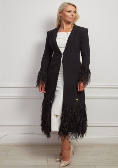 Kael Coat - Longline Black coat with jewel and feather detailing on the hem and cuffs