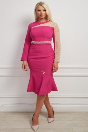Cerise pink fishtail dress with beaded mesh sleeve and beaded waistband