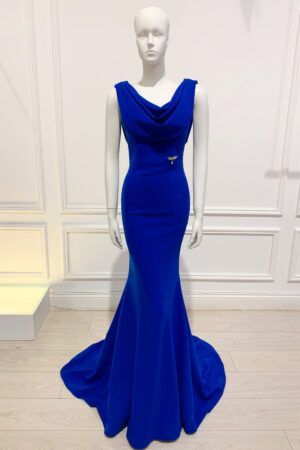 Cobalt blue cowl neck and cowl back fishtail gown