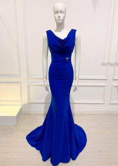 Cobalt blue cowl neck and cowl back fishtail gown