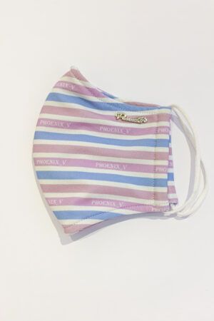 White, pale blue, lilac and mauve striped face covering with silver Phoenix_V branding