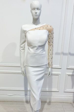 Ivory peplum pencil dress with mesh embellished sleeve