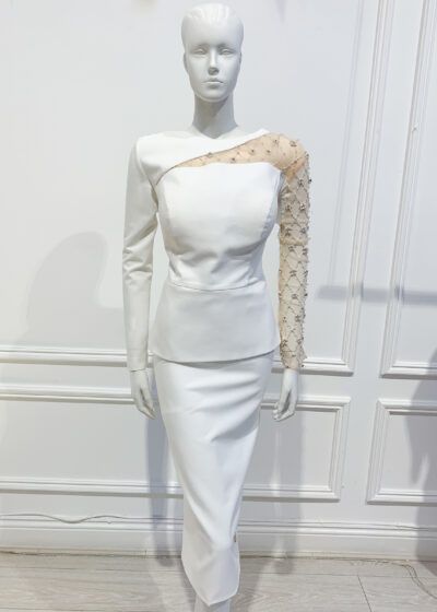 Ivory peplum pencil dress with mesh embellished sleeve