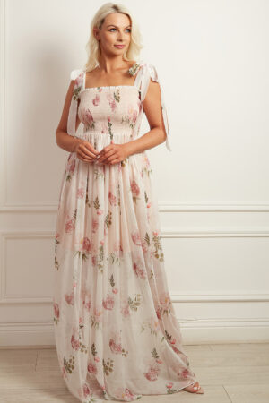White printed chiffon maxi dress with tie shoulder straps and a shirred bodice