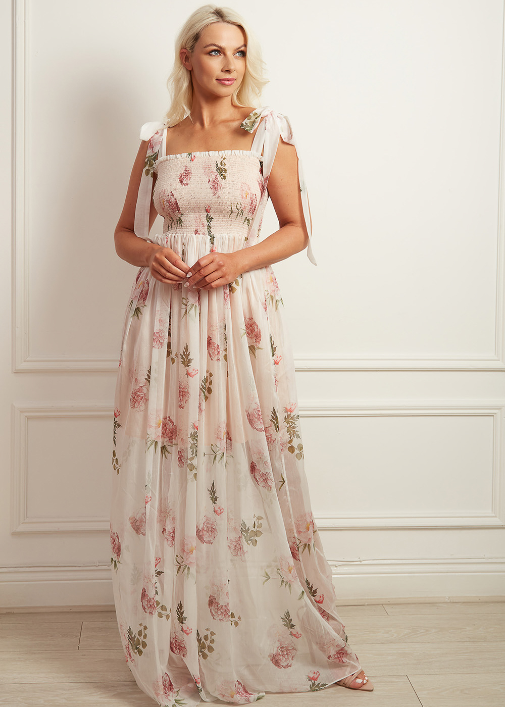 White printed chiffon maxi dress with tie shoulder straps and a shirred bodice