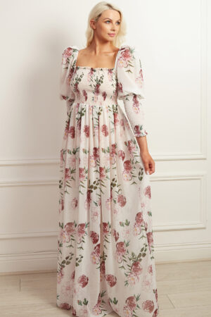 Floral maxi dress with full length puff sleeve and shirred bodice