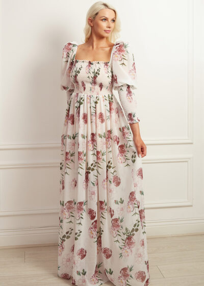 Floral maxi dress with full length puff sleeve and shirred bodice