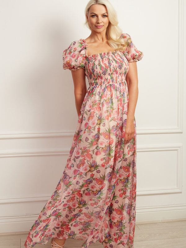 Floral printed puff sleeve maxi dress with shirred bodice