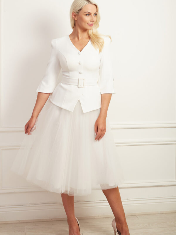 Ivory peplum belted top with v-neck and button detail with matching tulle a-line tutu