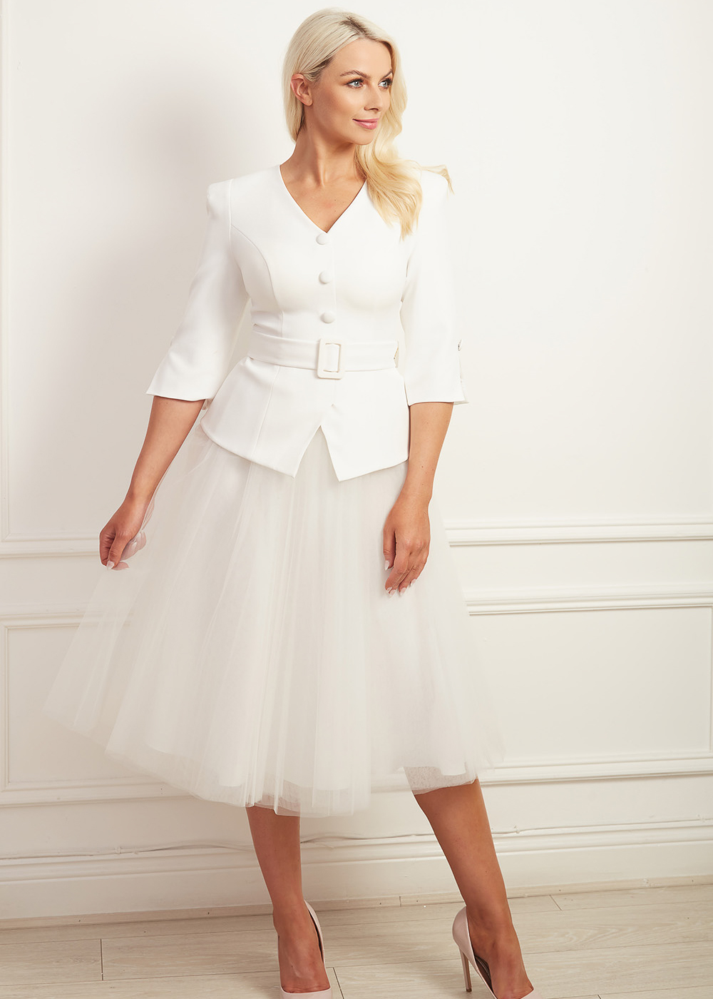 Ivory peplum belted top with v-neck and button detail with matching tulle a-line tutu