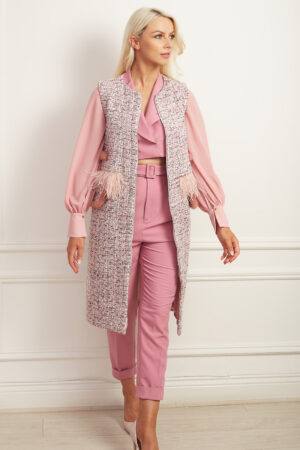Pink tweed sleeveless gilet with matching fur and feather detailing