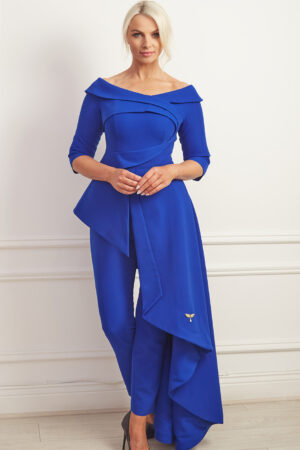 Cobalt blue asymmetric bardot jumpsuit gown