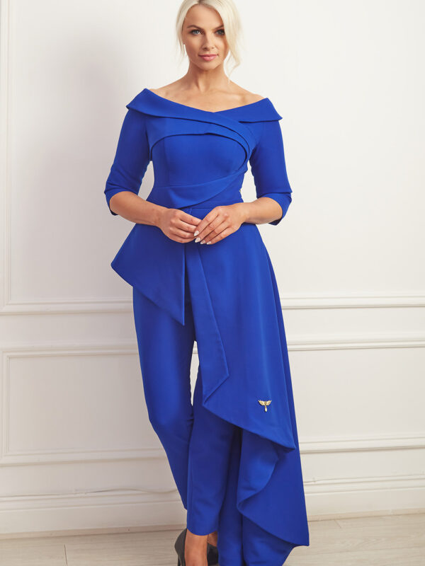 Cobalt blue asymmetric bardot jumpsuit gown